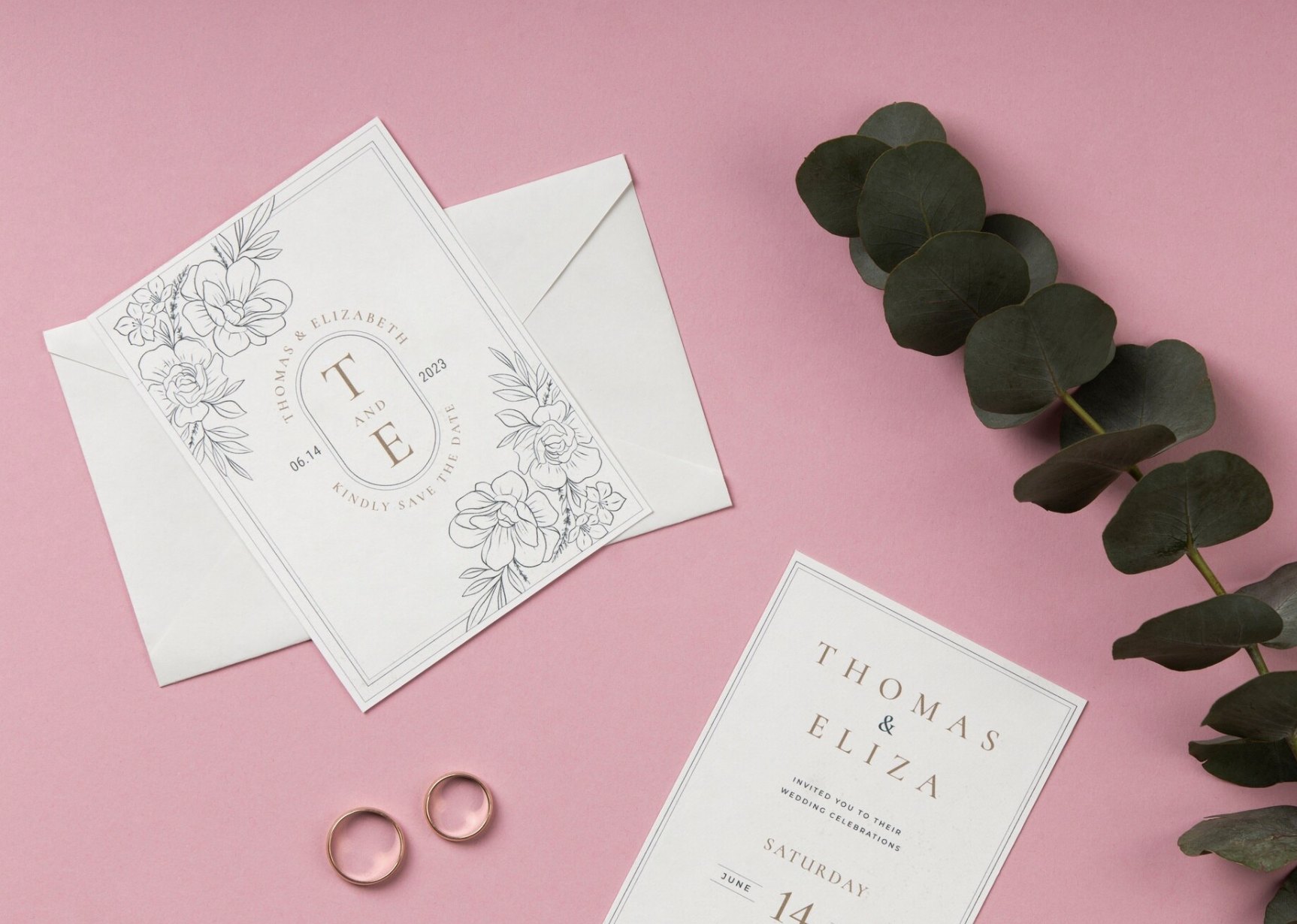 Elegant floral wedding save the date and invitation suite with envelope, gold rings and eucalyptus by ShaadiPrints