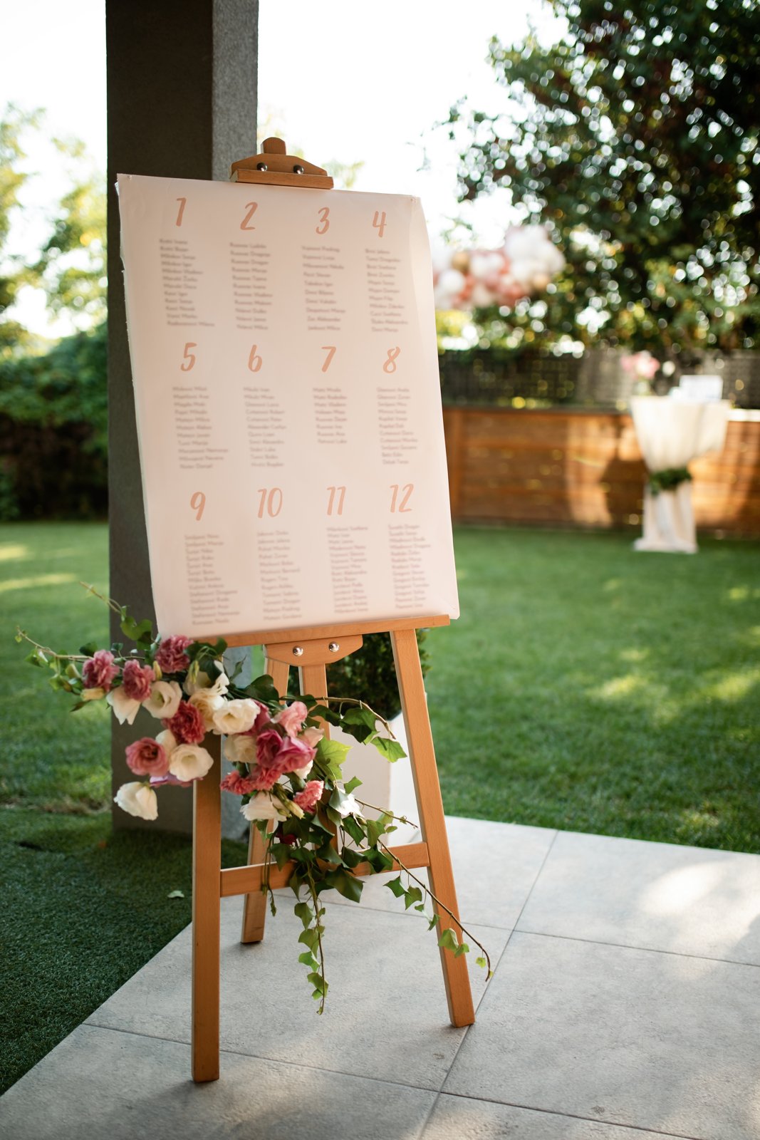 Wedding seating chart sign on a wooden easel with pink and white flowers